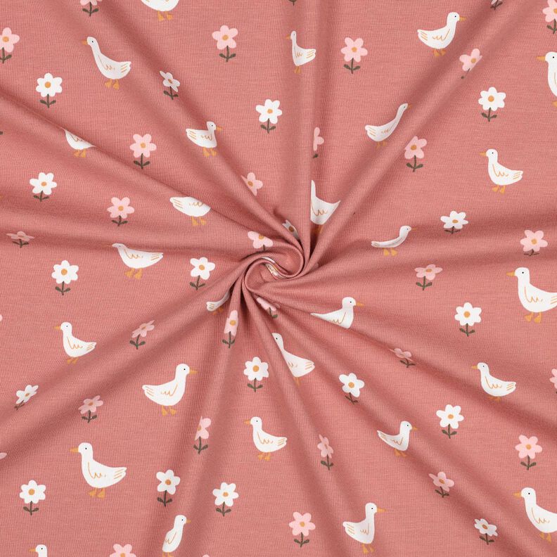 Dżersej bawełniany gęsi na łące kwiatowej | Poppy Fabrics – ciemny brudny róż/biel, image number 3