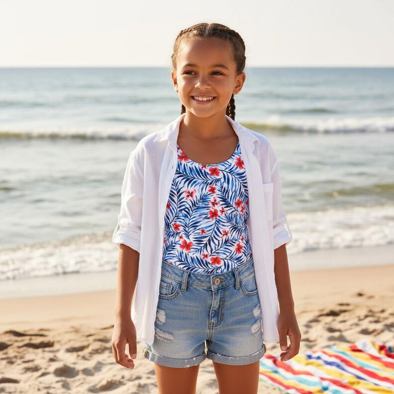 Materiał na kostiumy kąpielowe kwiaty i liście palmowe &ndash; biel/indygo,  image number 6