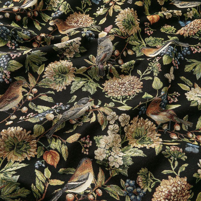 Tkanin dekoracyjna Gobelin kwiaty i ptaki – czerń/zieleń,  image number 2