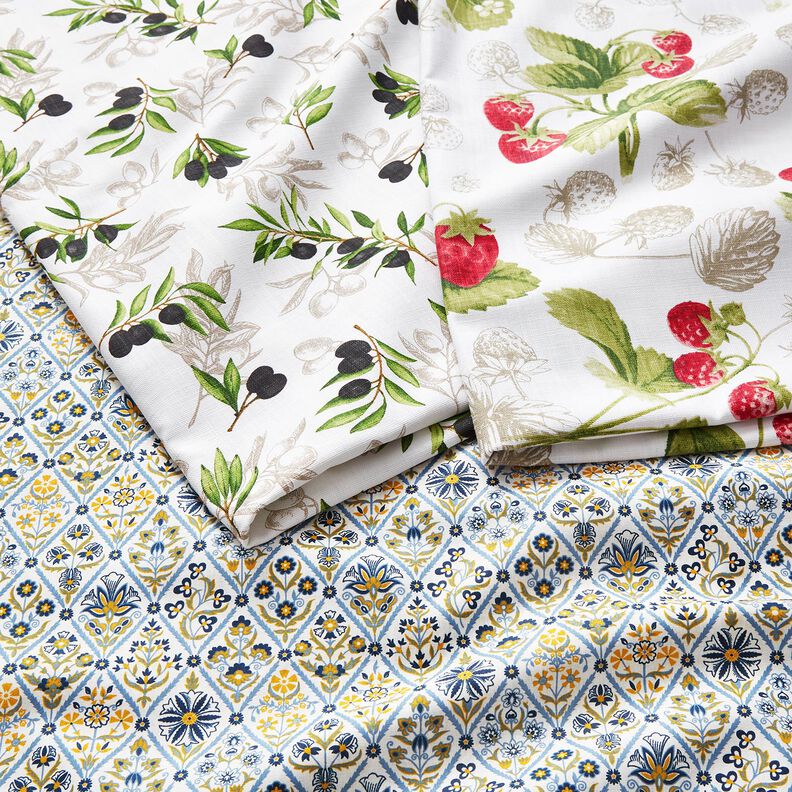 Tkanina bawełniana Kreton kwiatowe kafelki – biel/niebieski brylantowy,  image number 5