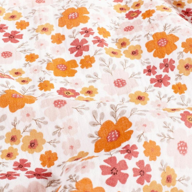 Muślin / Tkanina double crinkle ukwiecona łąka &ndash; kość słoniowa/brzoskwiniowopomarańczowy,  image number 2
