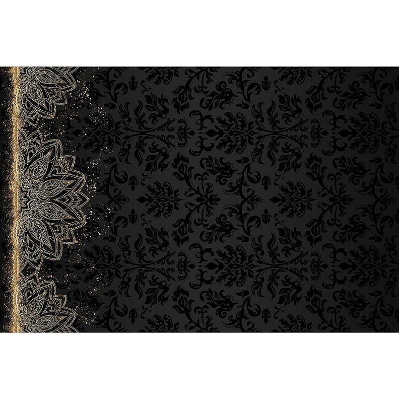 Dżersej bawełniany Tkanina z bordiurą, mandala barokowa i złote plamki | Glitzerpüppi – czerń,  image number 4