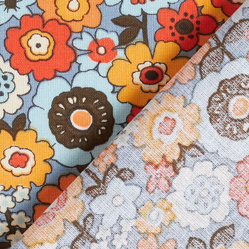 Tkanina bawełniana Kreton kolorowe kwiaty – jasnoniebieski jeans/pomarańcza,  image number 4