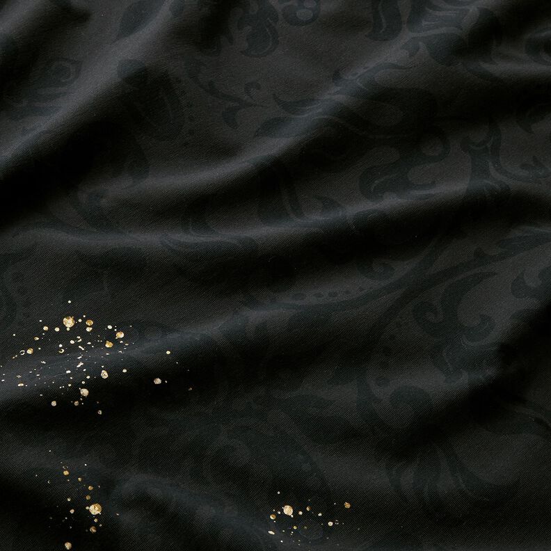 Dżersej bawełniany Tkanina z bordiurą, mandala barokowa i złote plamki | Glitzerpüppi – czerń,  image number 6