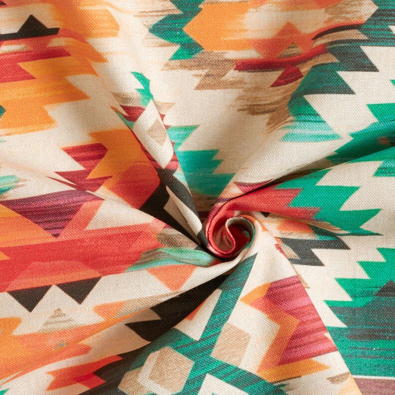 Tkanin dekoracyjna Half panama abstrakcyjny nadruk etno  – jasnobeżowy/szmaragdowy,  image number 3