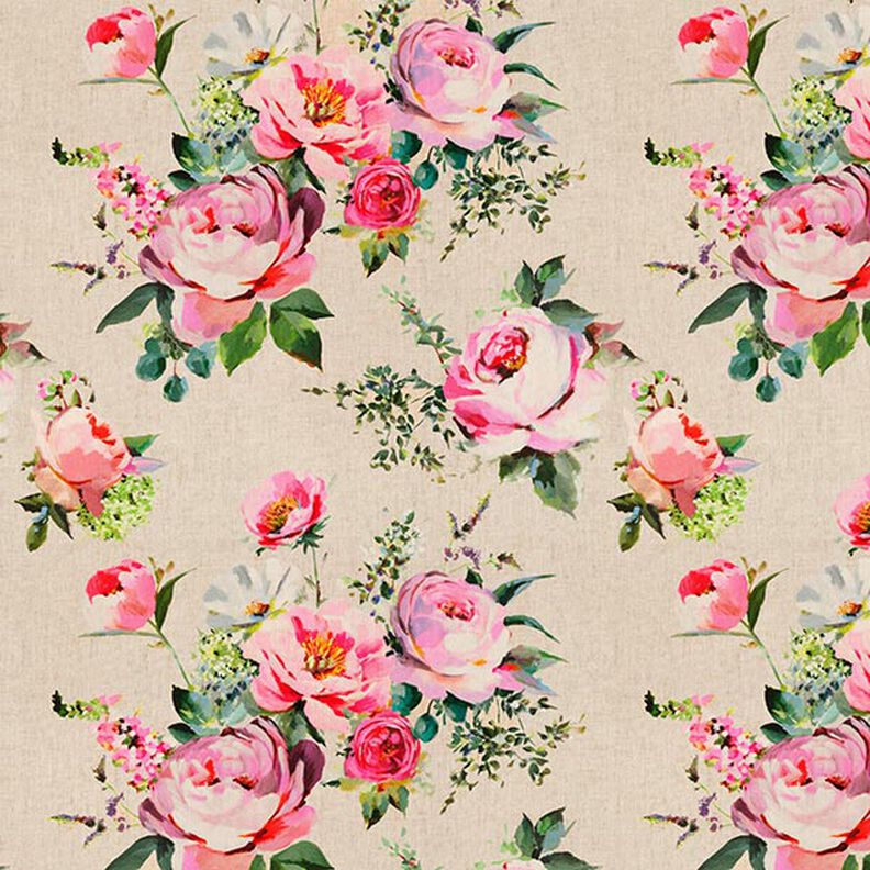 Tkanina dekoracyjna półpanama z nadrukiem cyfrowym Akwarela z różami – naturalny,  image number 1