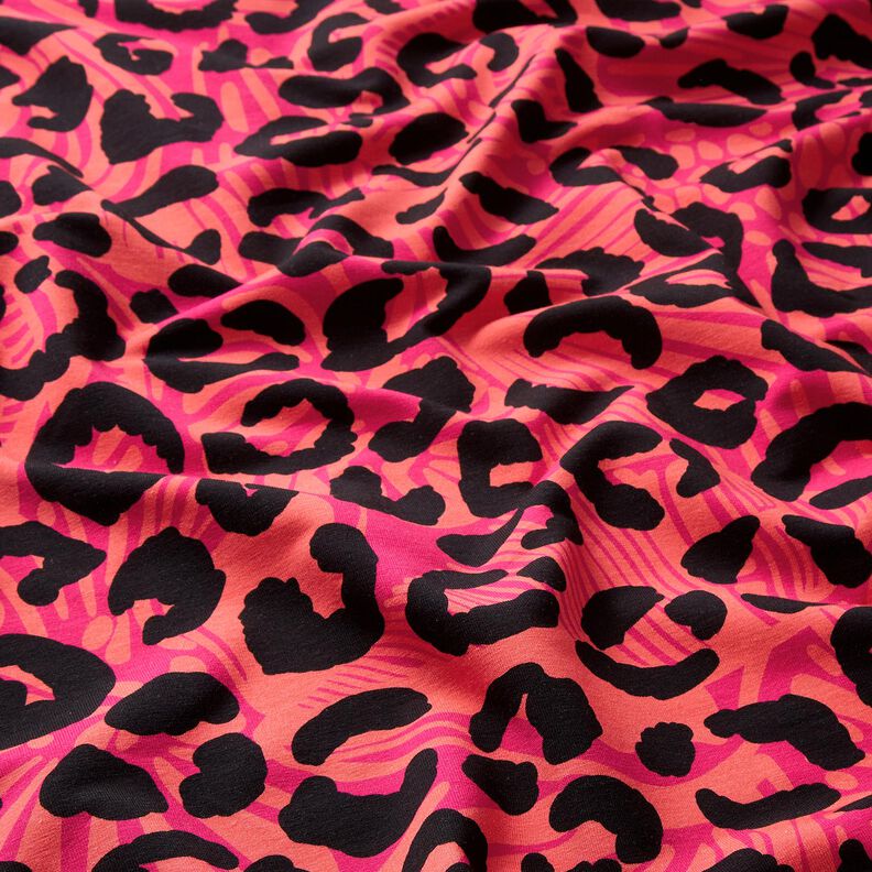 Dzianina dresowa pętelkowa French Terry panterka i kwiaty – pink/pomarańcza,  image number 2