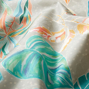 Tkanina outdoor Płótno – tropikalne liście – koral, 