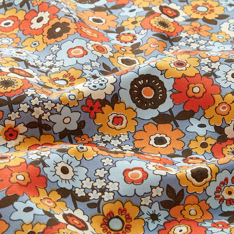Tkanina bawełniana Kreton kolorowe kwiaty – jasnoniebieski jeans/pomarańcza,  image number 2