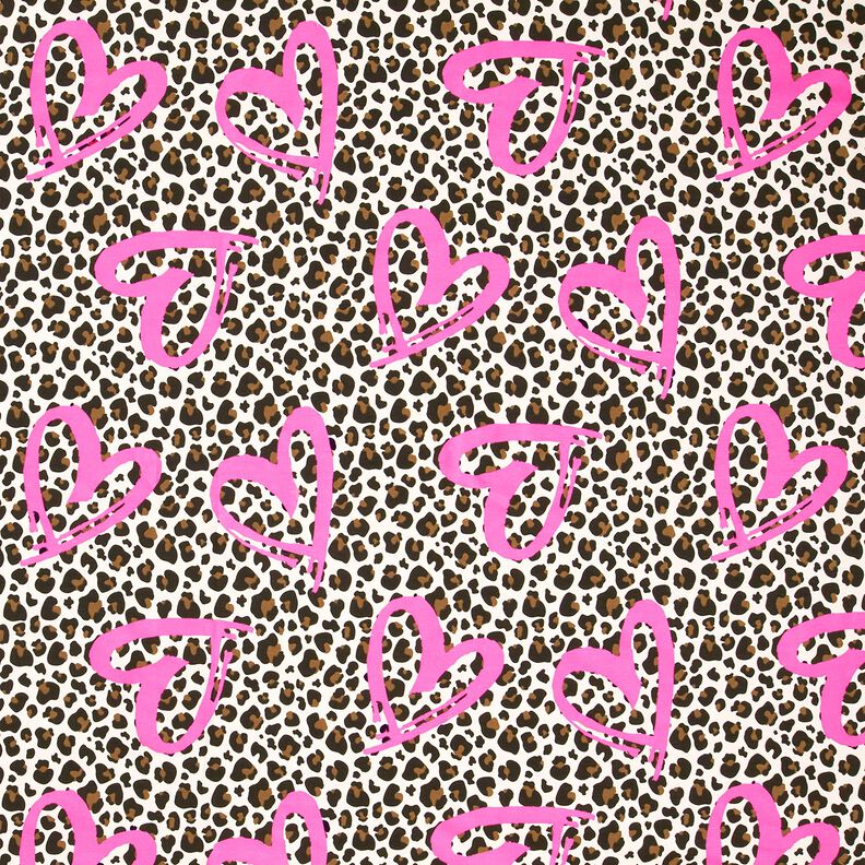 Dzianina dresowa pętelkowa French Terry panterka i neonowe serca – nerkowiec/neonowy pink,  image number 1