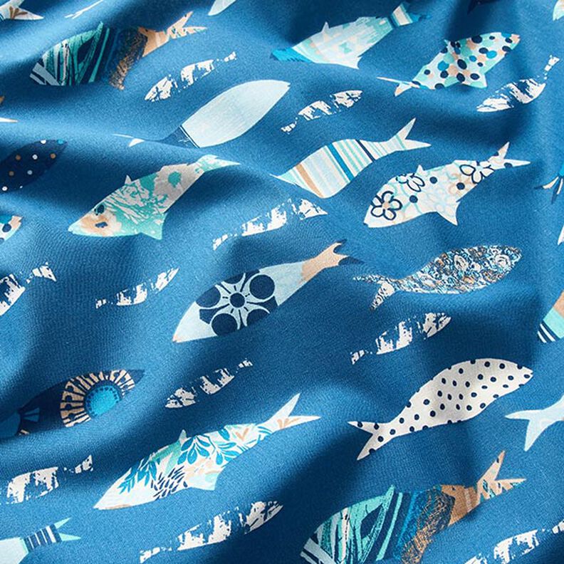 Tkanina bawełniana Kreton abstrakcyjne ryby – błękit,  image number 2