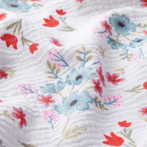 Muślin / Tkanina double crinkle wiosenne kwiaty z tulipanami – biel/pomarańcza, 