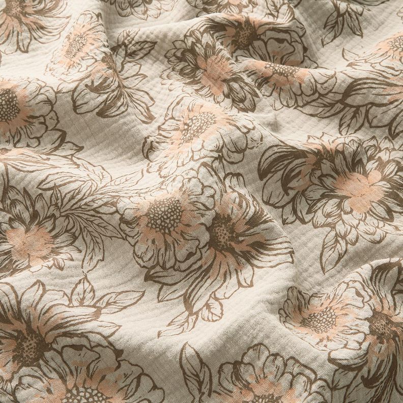 Muślin / Tkanina double crinkle letnie kwiaty – jasny kreci/średni brąz,  image number 2