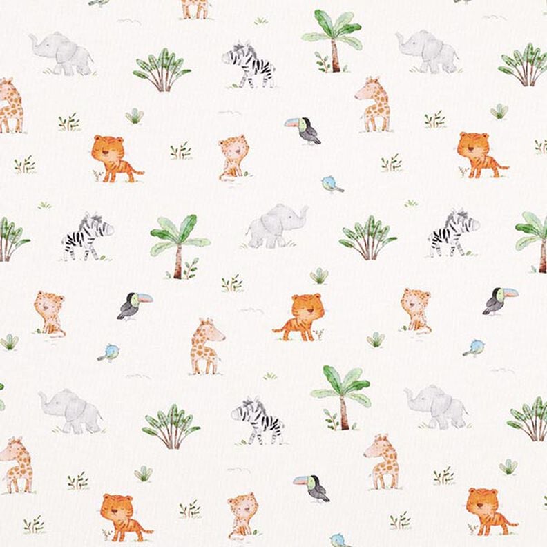 GOTS Dżersej bawełniany Małe zwierzęta z dżungli nadruk cyfrowy – mleczna biel,  image number 1