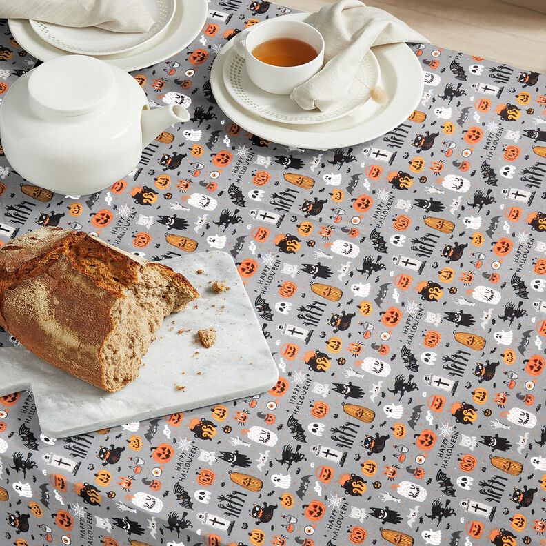 Tkanina bawełniana Popelina Happy Halloween – szary słoniowy/jasnopomarańczowy,  image number 6
