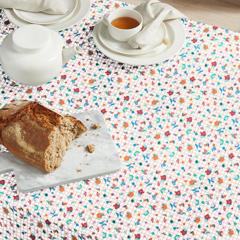 Tkanina bawełniana Kreton kratka z kwiatami – biel/mięta pieprzowa,  image number 5