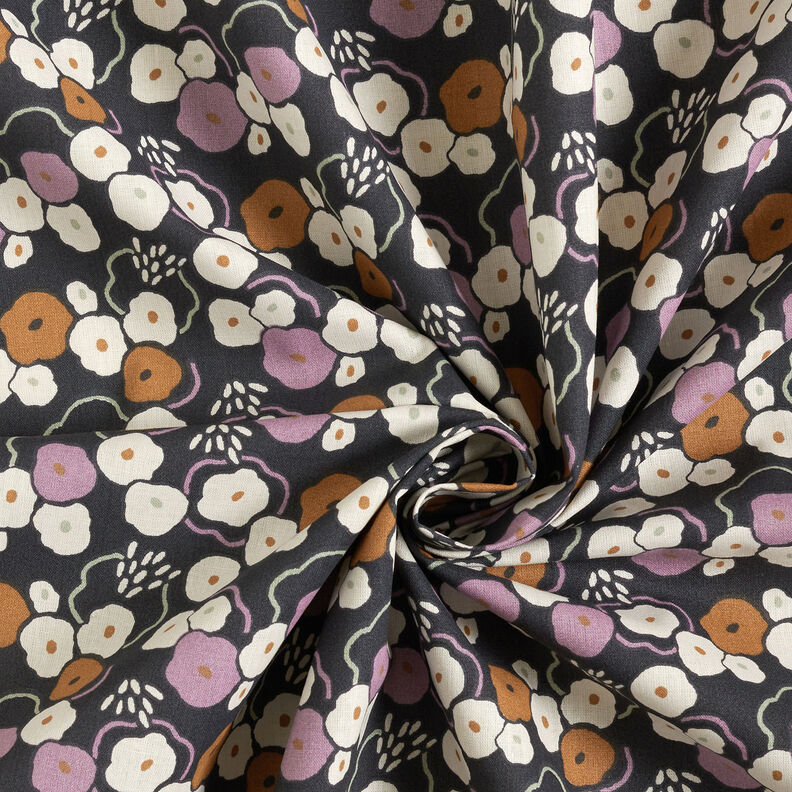 Tkanina bawełniana Kreton fantazyjne kwiaty – czarnoniebieski/pastelowy fiolet,  image number 3