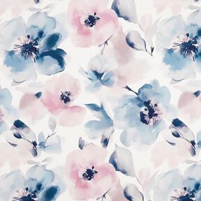 Tkanin dekoracyjna Half panama duże kwiaty akwarelowe – biel/pastelowy fiolet, 