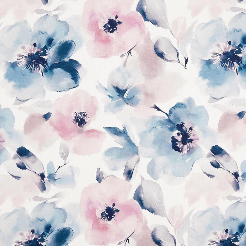 Tkanin dekoracyjna Half panama duże kwiaty akwarelowe – biel/pastelowy fiolet,  image number 1