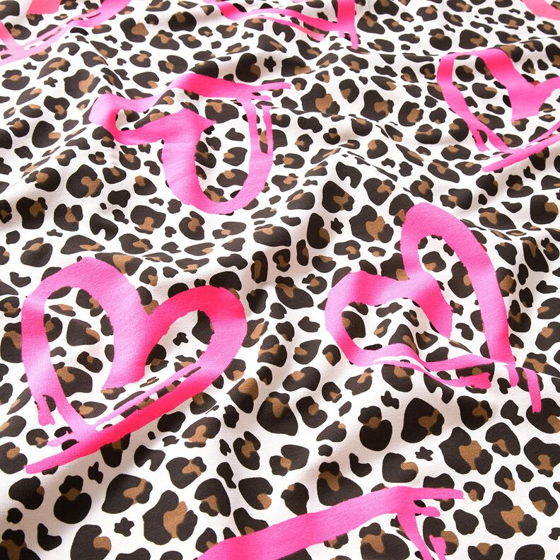 Dzianina dresowa pętelkowa French Terry panterka i neonowe serca – nerkowiec/neonowy pink,  image number 2