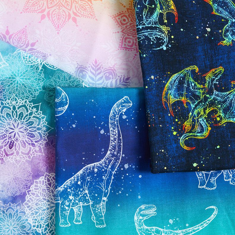 Dżersej bawełniany kontury dinozaurów | Glitzerpüppi – niebieska lilia/mięta pieprzowa,  image number 8