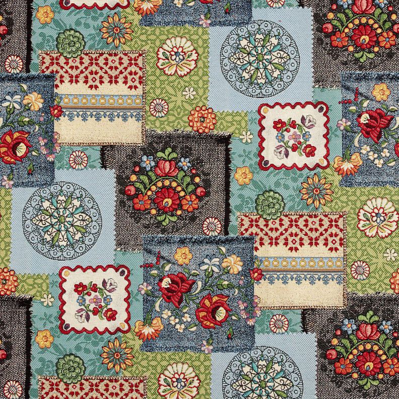 Tkanin dekoracyjna Gobelin patchwork dżinsowy – jasnobeżowy/dżins,  image number 1