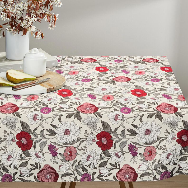 Tkanina bawełniana Kreton kolorowe kwiaty – winogronowy/naturalny,  image number 6