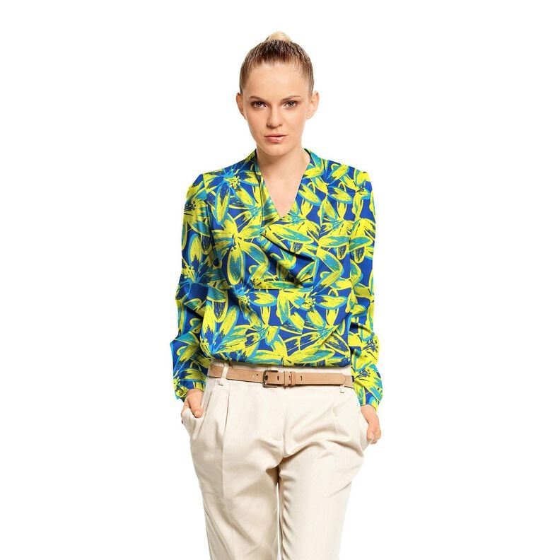 Krepa satynowa duże kwiaty rumianku &ndash; indygo/cytrynowy,  image number 5