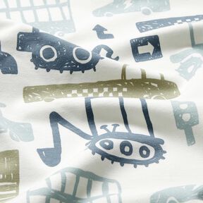 Dzianina dresowa p?telkowa French Terry rysunkowe pojazdy &ndash; biel/b??kit, 