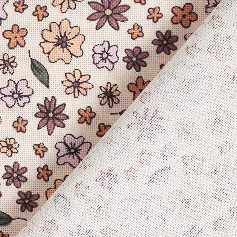 Tkanin dekoracyjna Half panama małe kwiatki – jasnobeżowy/śliwka,  image number 4