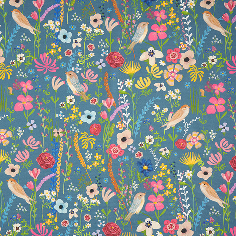Tkanina outdoor Płótno płótno, ptaki i kwiaty – stalowoniebieski,  image number 1