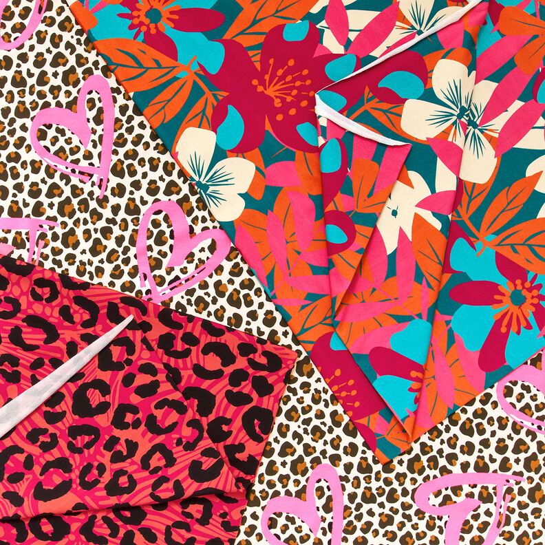 Dzianina dresowa pętelkowa French Terry panterka i kwiaty – pink/pomarańcza,  image number 7