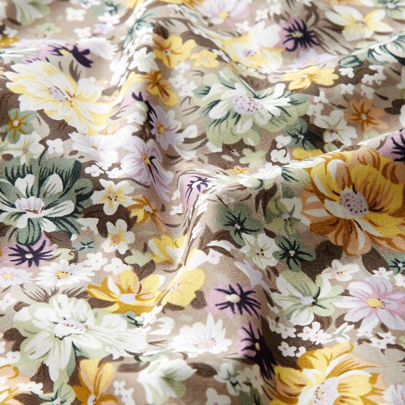 Popelina bawełniana romantyczne kwiaty – fioletowo-szary/złoto,  image number 2