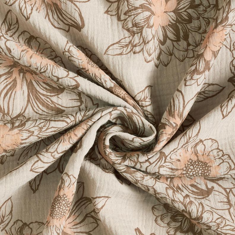 Muślin / Tkanina double crinkle letnie kwiaty – jasny kreci/średni brąz, image number 3