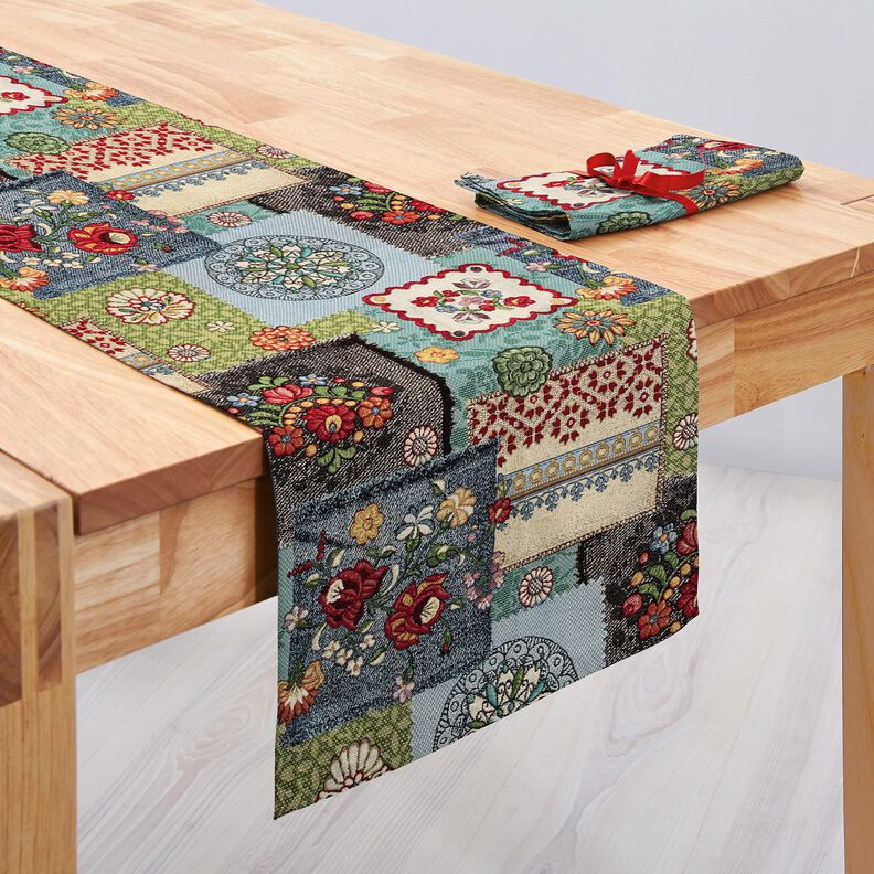 Tkanin dekoracyjna Gobelin patchwork dżinsowy – jasnobeżowy/dżins, image number 7