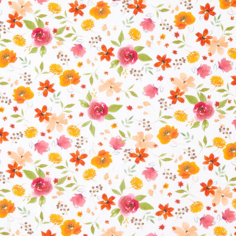 Muślin / Tkanina double crinkle kolorowe akwarelowe kwiaty nadruk cyfrowy – biel,  image number 1