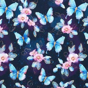 Dżersej bawełniany błyszczące motyle i kwiaty | Glitzerpüppi  – ciemnogranatowy/lodowy niebieski,  Dżersej bawełniany błyszczące motyle i kwiaty | Glitzerpüppi  – ciemnogranatowy/lodowy niebieski,