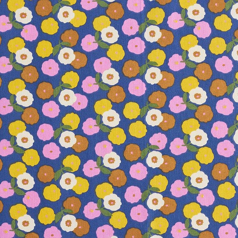 Tkanina bawełniana Kreton okrągłe kwiaty – słoneczna żółć/błękit,  image number 1