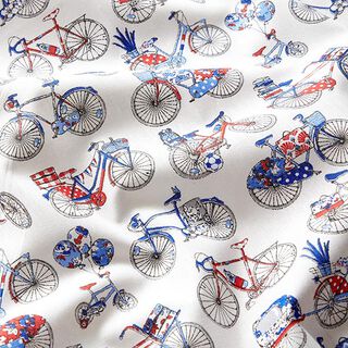 Tkanina bawełniana kreton rowery retro – biel/błękit, 