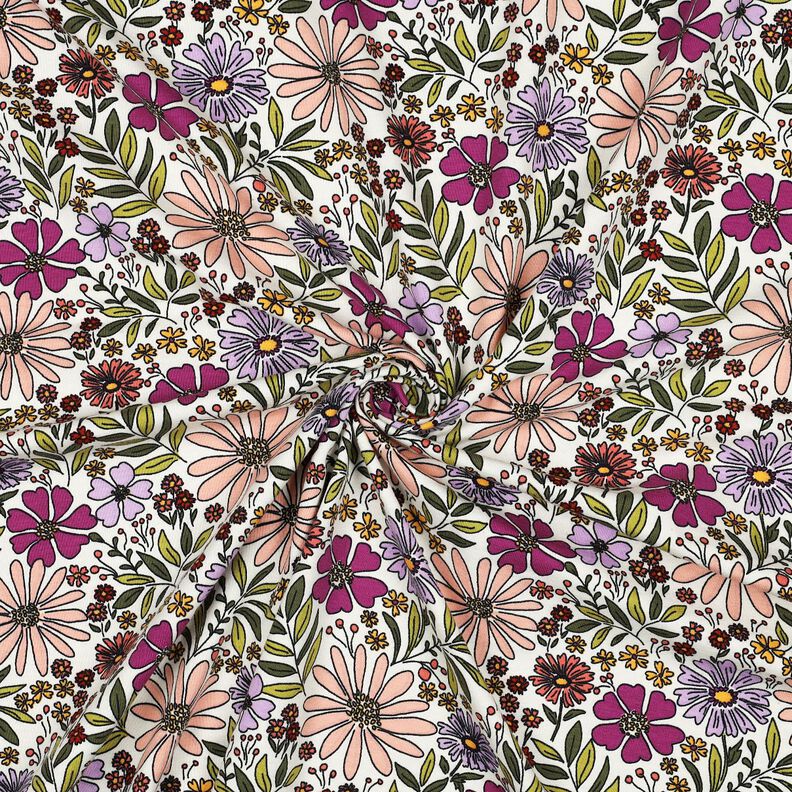 Dżersej bawełniany morze kwiatów | Poppy Fabrics – mleczna biel/liliowy,  image number 3