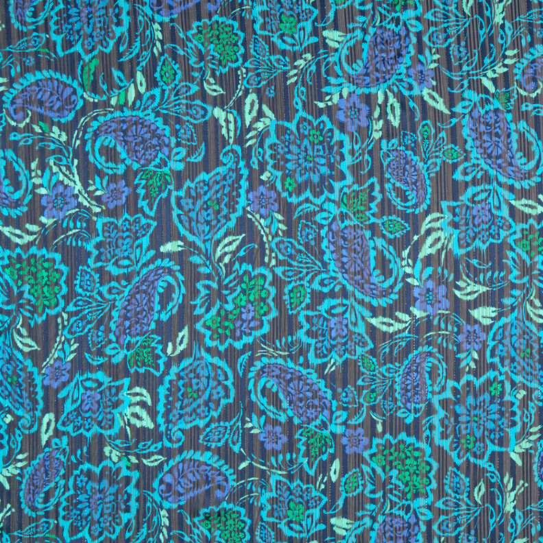 Szyfon z satynowymi, błyszczącymi paskami w kwiaty paisley – turkus/czerń,  image number 1