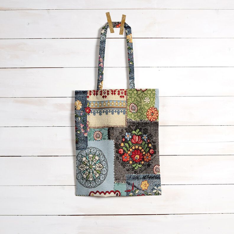 Tkanin dekoracyjna Gobelin patchwork dżinsowy – jasnobeżowy/dżins, image number 8