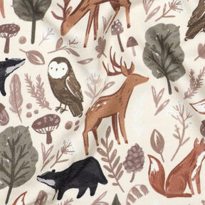 Dzianina dresowa drapana zwierzęta w lesie nadruk cyfrowy | Poppy Fabrics – mleczna biel, 