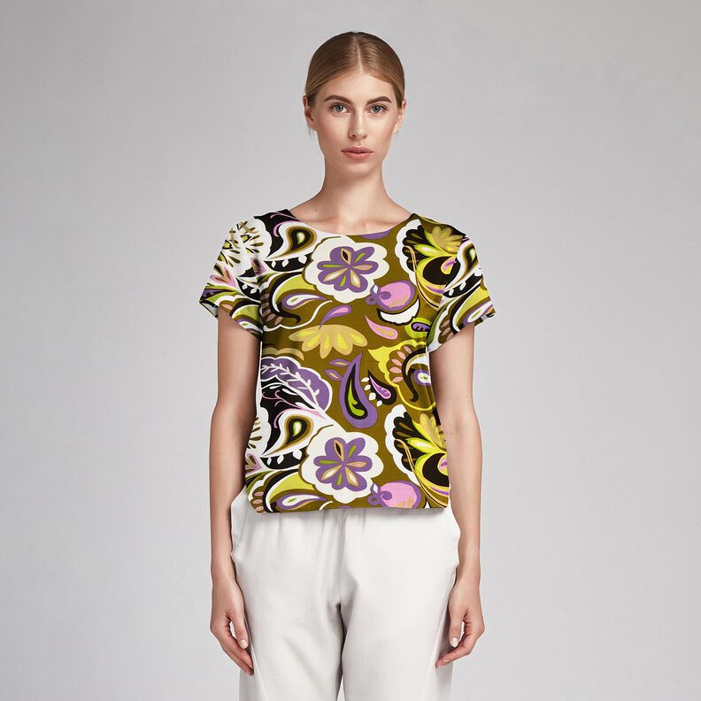 Tkanina wiskozowa kwiaty retro – oliwka/lilia,  image number 5
