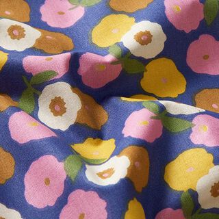 Tkanina bawełniana Kreton okrągłe kwiaty – słoneczna żółć/błękit, 
