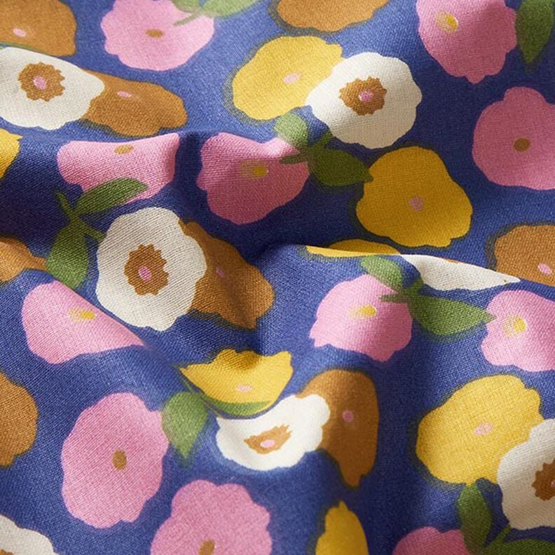 Tkanina bawełniana Kreton okrągłe kwiaty – słoneczna żółć/błękit,  image number 2