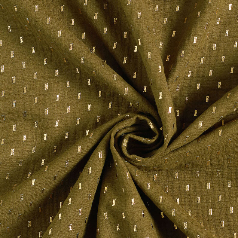 Muślin / Tkanina double crinkle Nadruk foliowy kwadraciki – ciemna oliwka/złoto,  image number 4