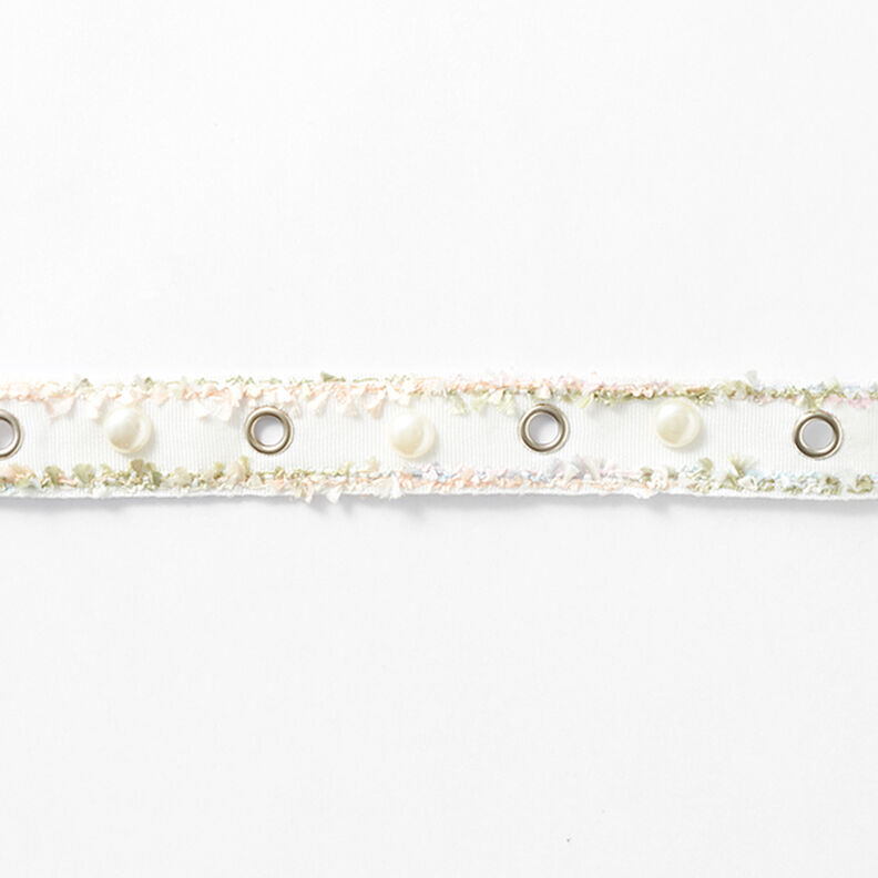 Taśma tkana Oczka i koraliki Pastelowy [25 mm] – biel/róż,  image number 2
