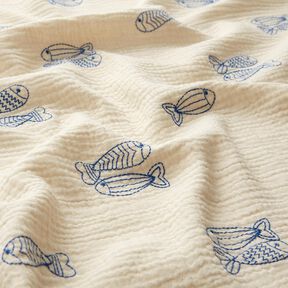 Muślin / Tkanina double crinkle haftowane ryby | Poppy Fabrics – mleczna biel/błękit królewski, 