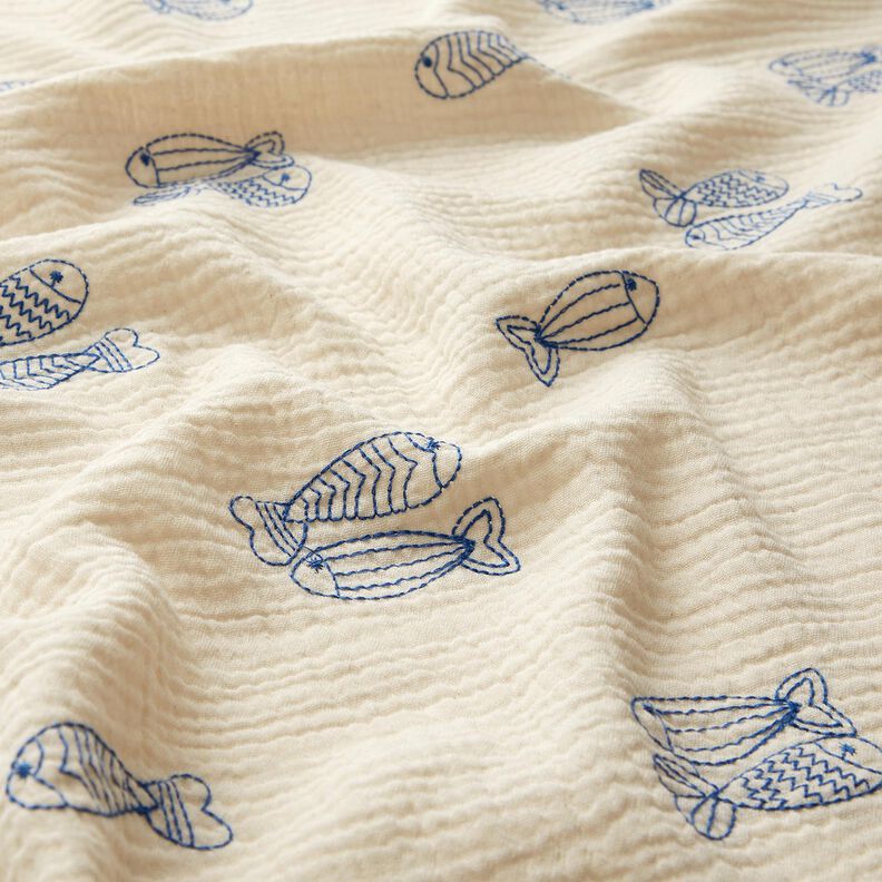 Muślin / Tkanina double crinkle haftowane ryby | Poppy Fabrics – mleczna biel/błękit królewski,  image number 2